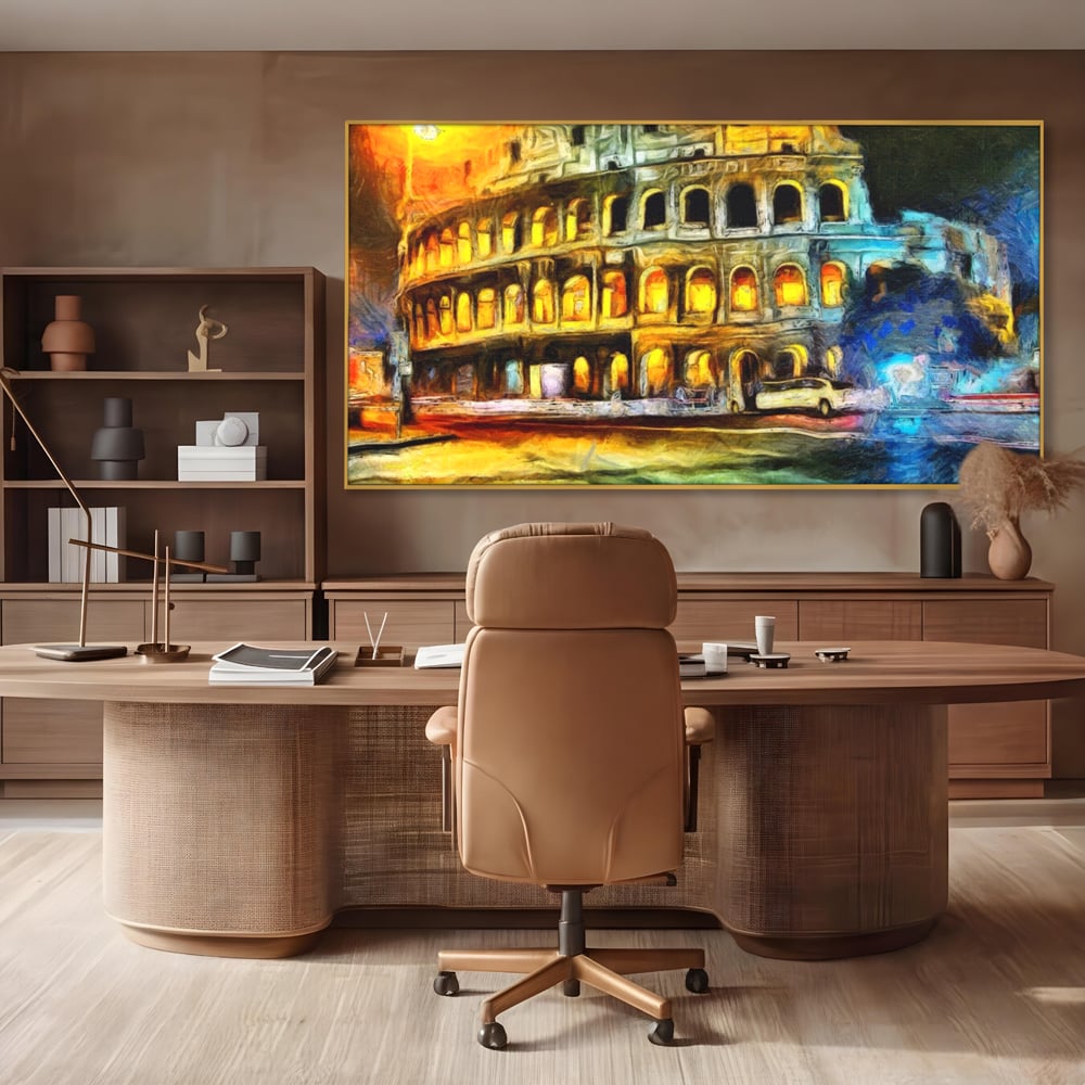 Tablou canvas cu pictura digitala cu colosseumul din roma noaptea, in rama de aluminiu auriu, pe perete intr-un birou